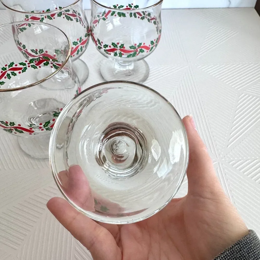 Vintage Libbey Holly Berry Red Ribbon Christmas Dessert Glass Goblet Set of 4